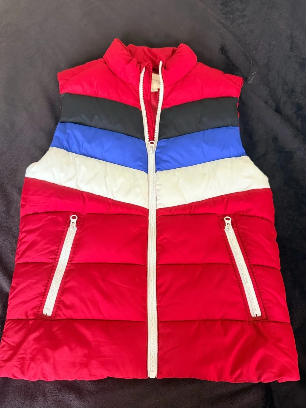 Aeropostale Red Colorblock Puffer Vest with Blue, Black & White Panels